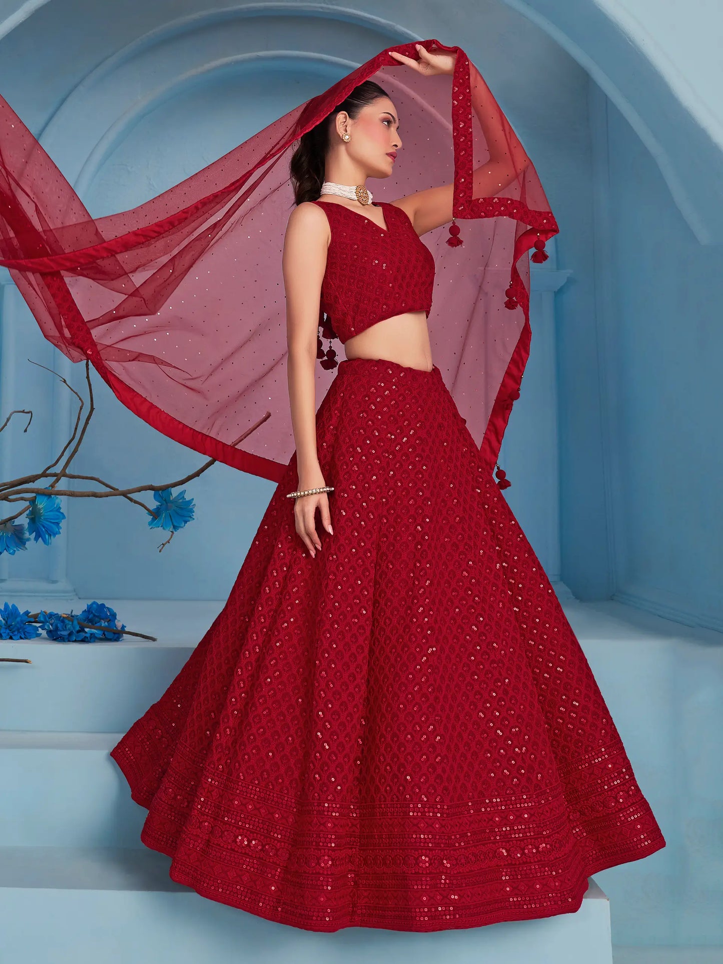 Red Party Wear Lehenga With Sequins Embroidery Work And Dupatta
