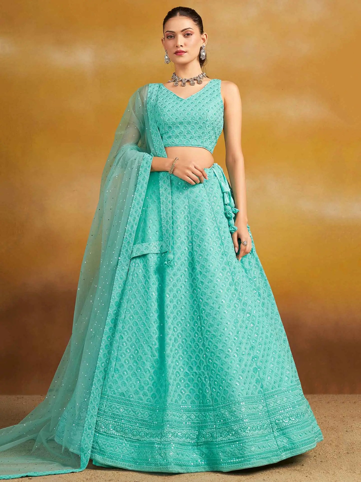 Sky Blue Designer Lehenga With Sequins Embroidery Work And Dupatta