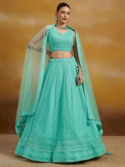Sky Blue Designer Lehenga With Sequins Embroidery Work And Dupatta