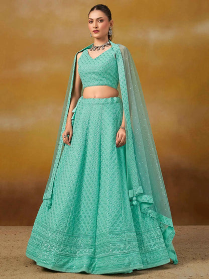 Sky Blue Designer Lehenga With Sequins Embroidery Work And Dupatta