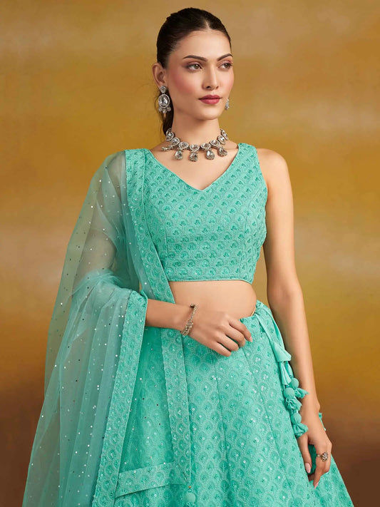 Sky Blue Designer Lehenga With Sequins Embroidery Work And Dupatta