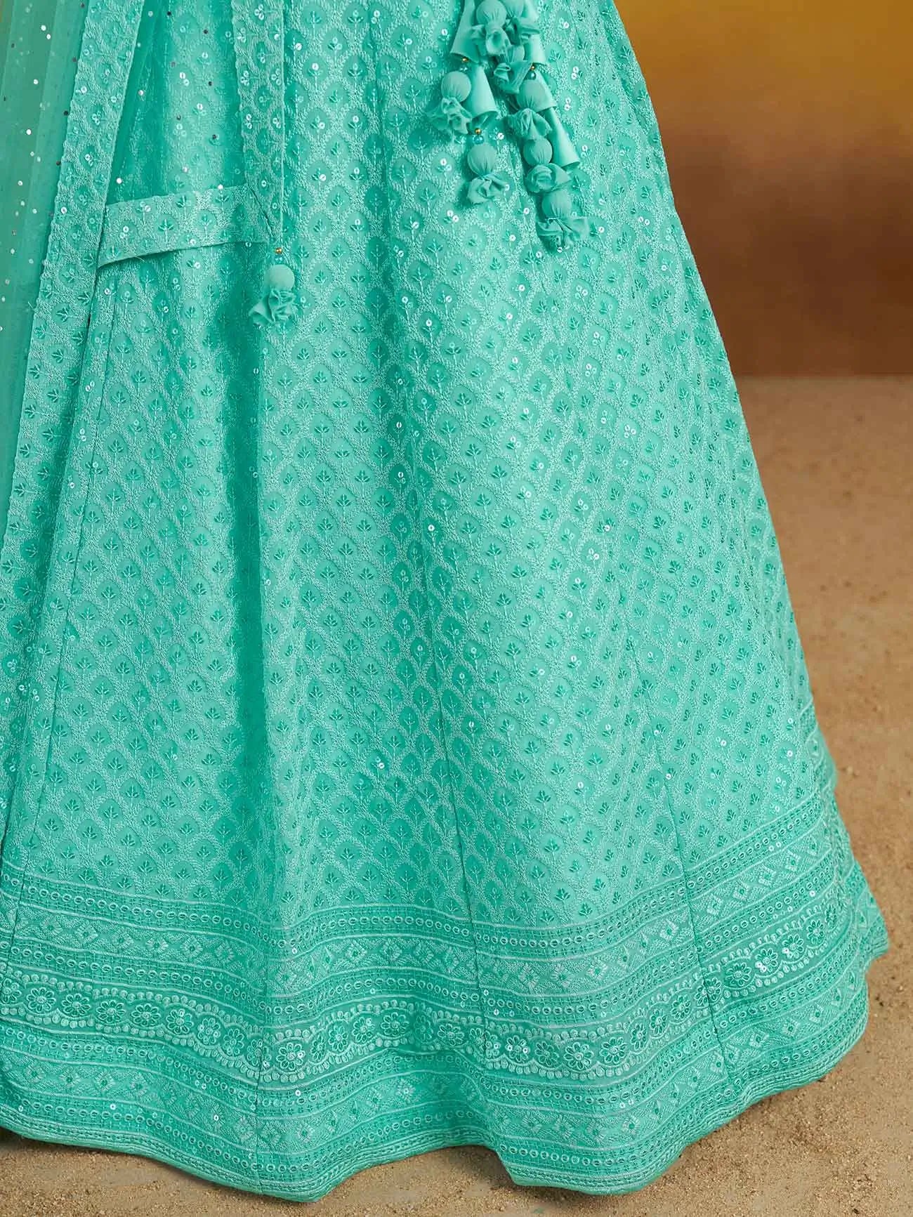 Sky Blue Designer Lehenga With Sequins Embroidery Work And Dupatta