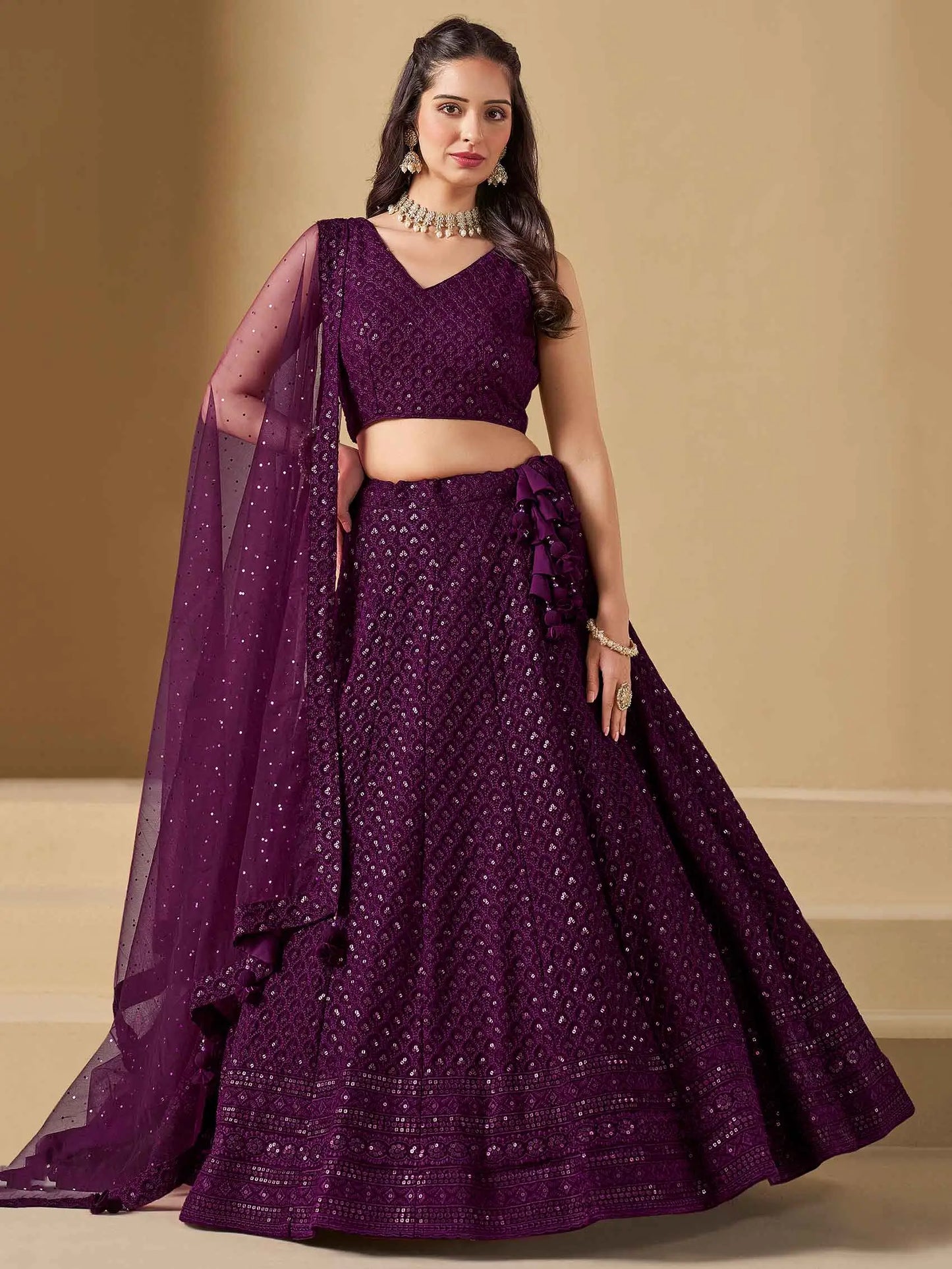 Wine Party Wear Lehenga With Sequins Embroidery Work And Dupatta