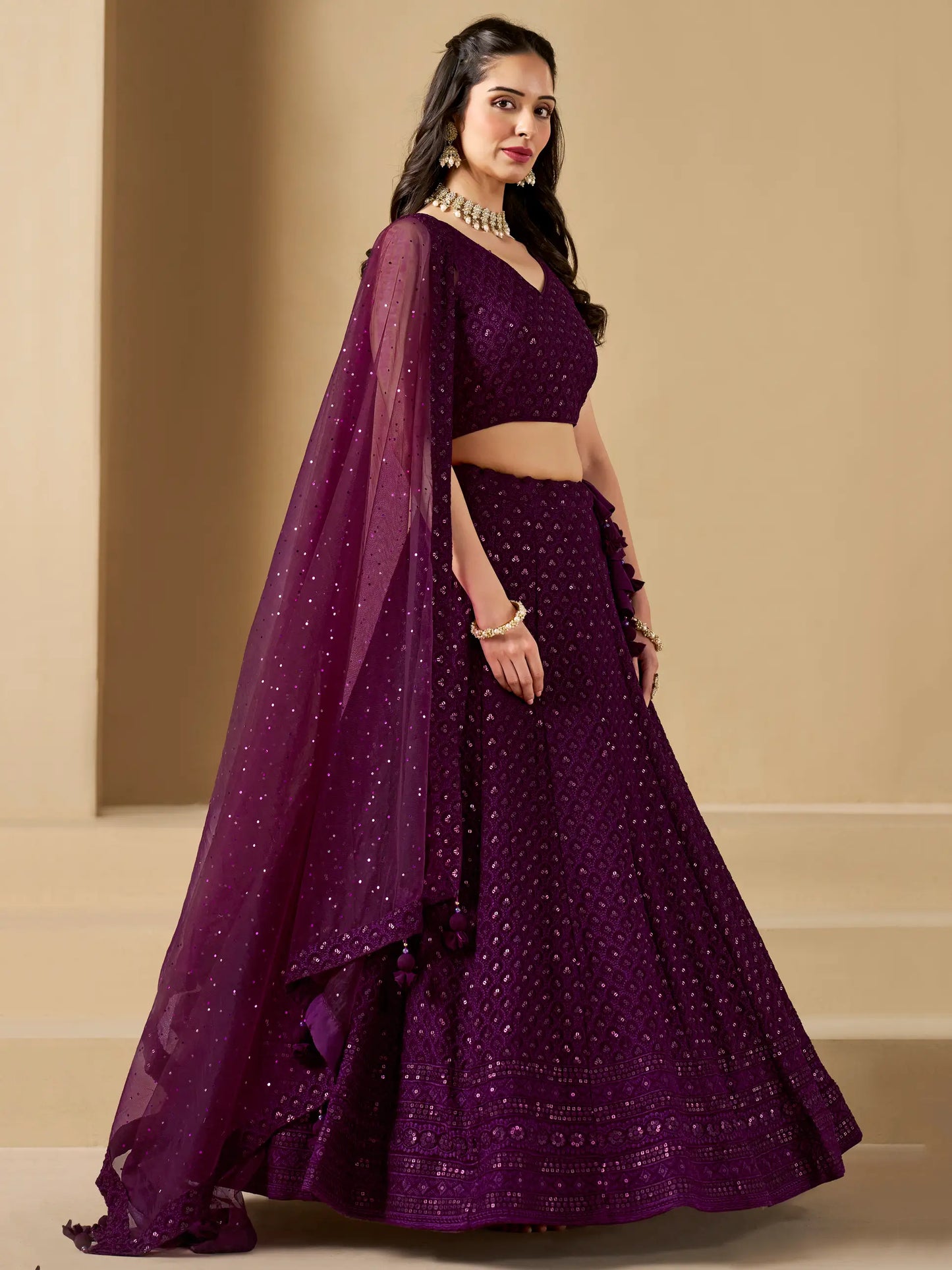 Wine Party Wear Lehenga With Sequins Embroidery Work And Dupatta