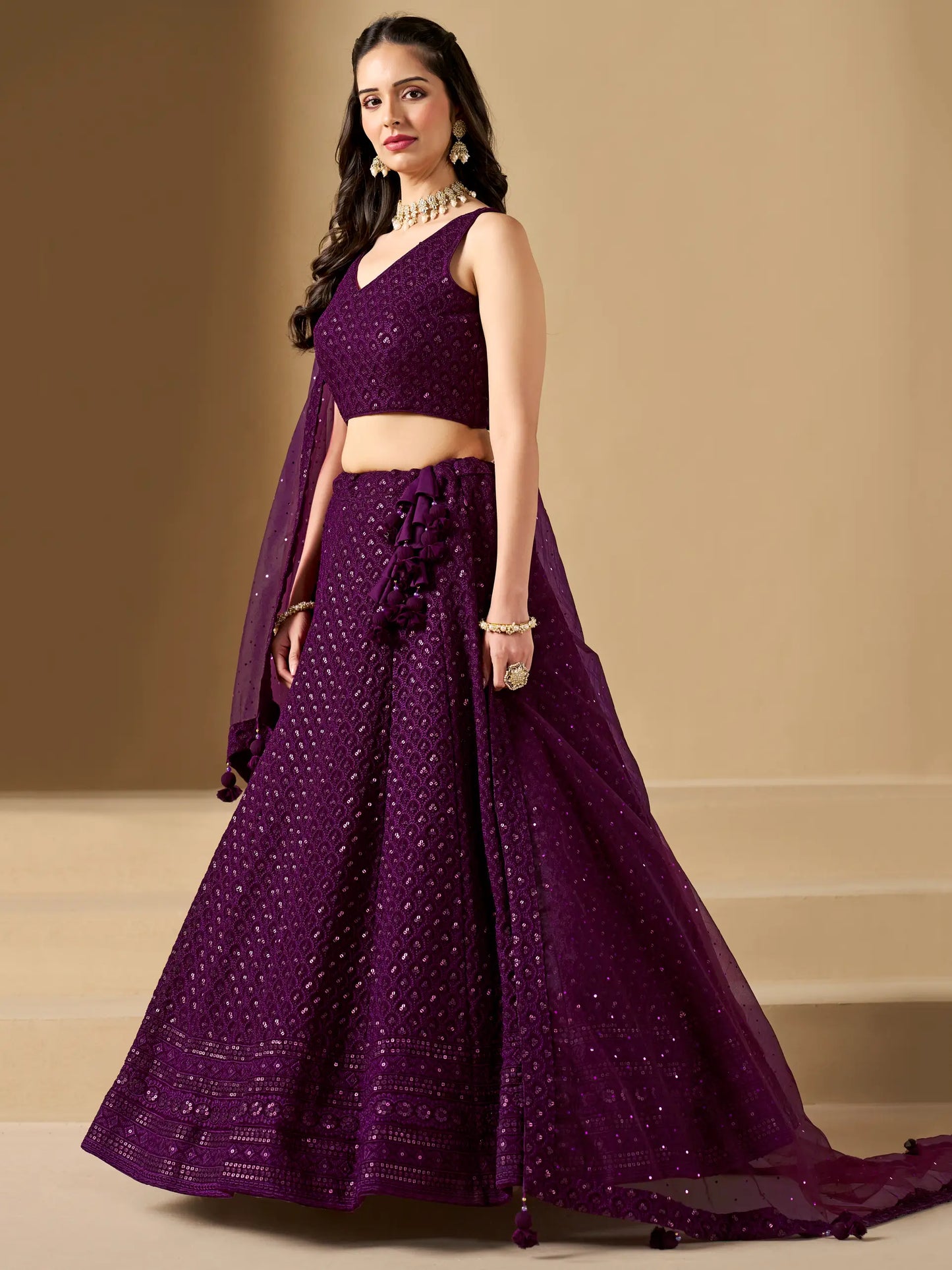 Wine Party Wear Lehenga With Sequins Embroidery Work And Dupatta