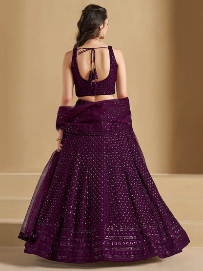 Wine Party Wear Lehenga With Sequins Embroidery Work And Dupatta