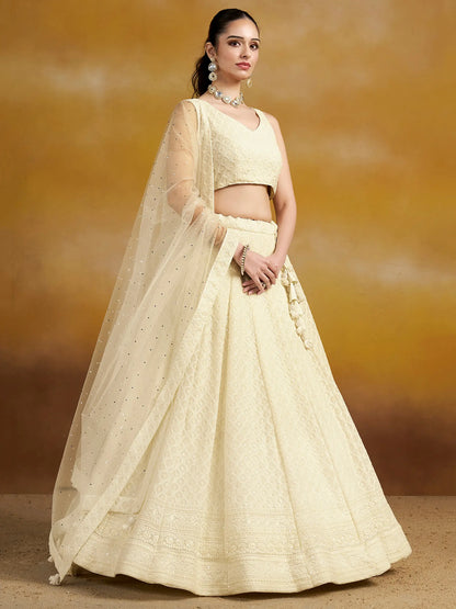 White Party Wear Lehenga With Sequins Embroidery Work And Dupatta