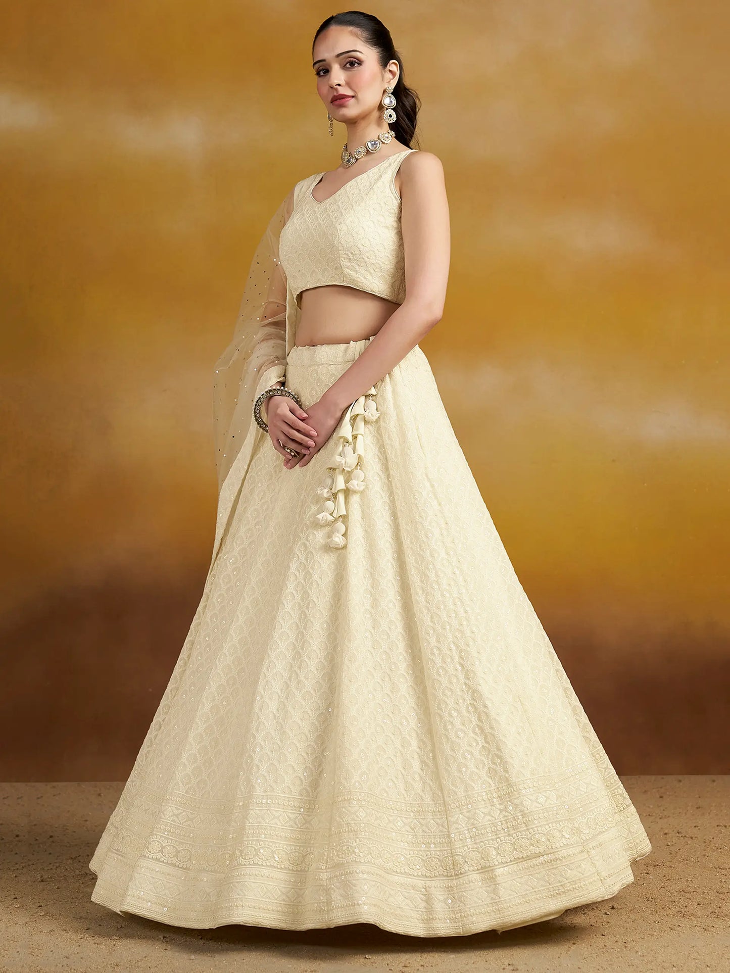White Party Wear Lehenga With Sequins Embroidery Work And Dupatta