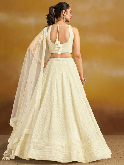 White Party Wear Lehenga With Sequins Embroidery Work And Dupatta
