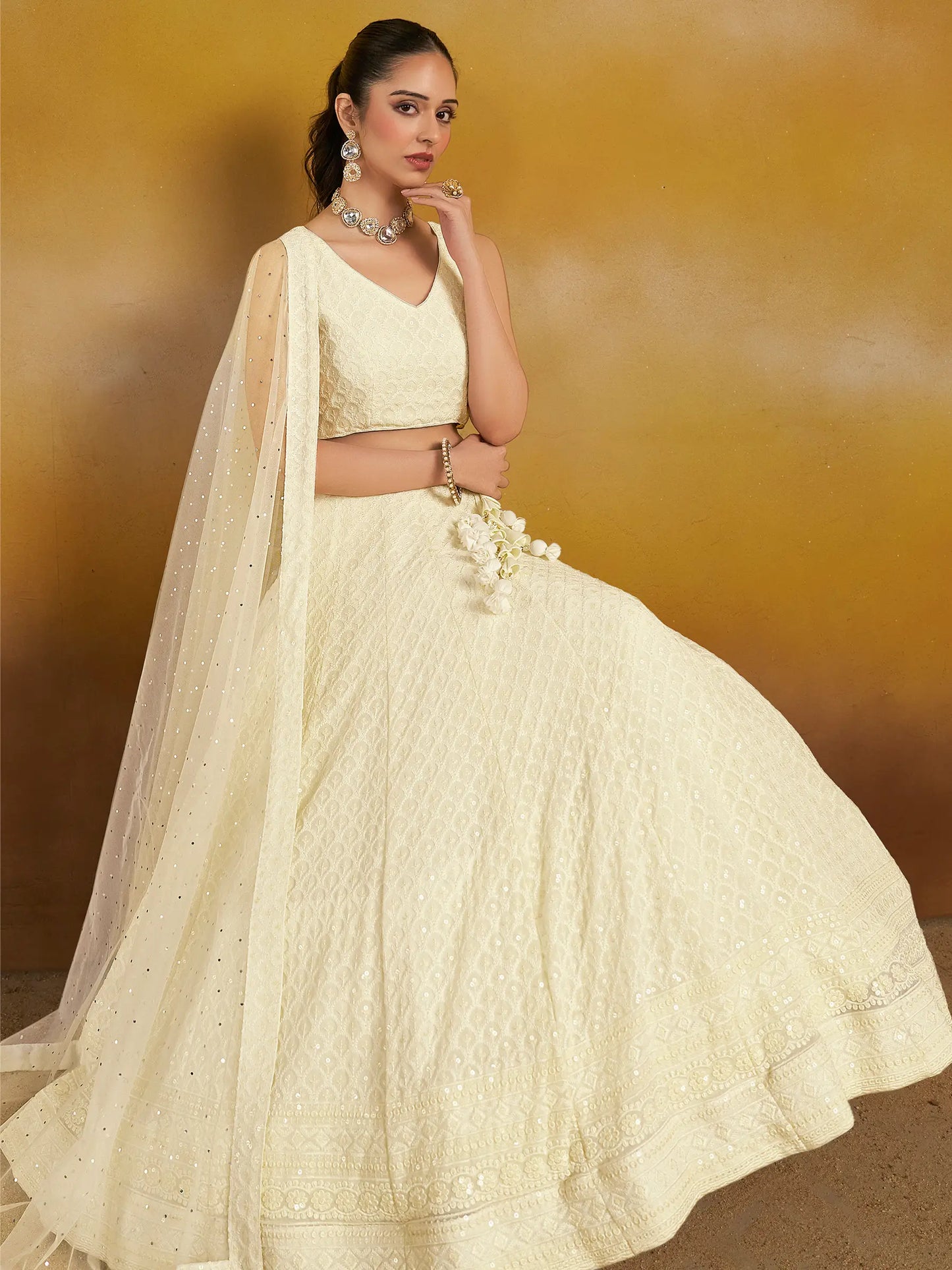White Party Wear Lehenga With Sequins Embroidery Work And Dupatta