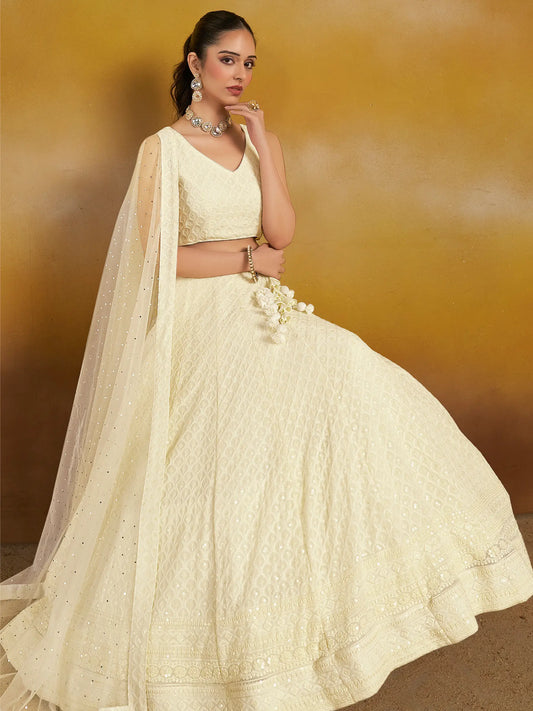 White Party Wear Lehenga With Sequins Embroidery Work And Dupatta