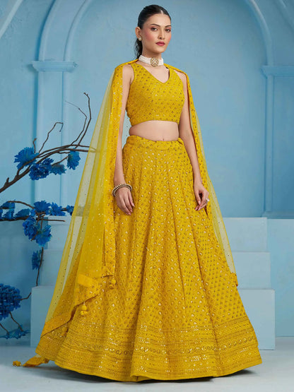 Yellow Beautiful Lehenga With Sequins Embroidery Work And Dupatta