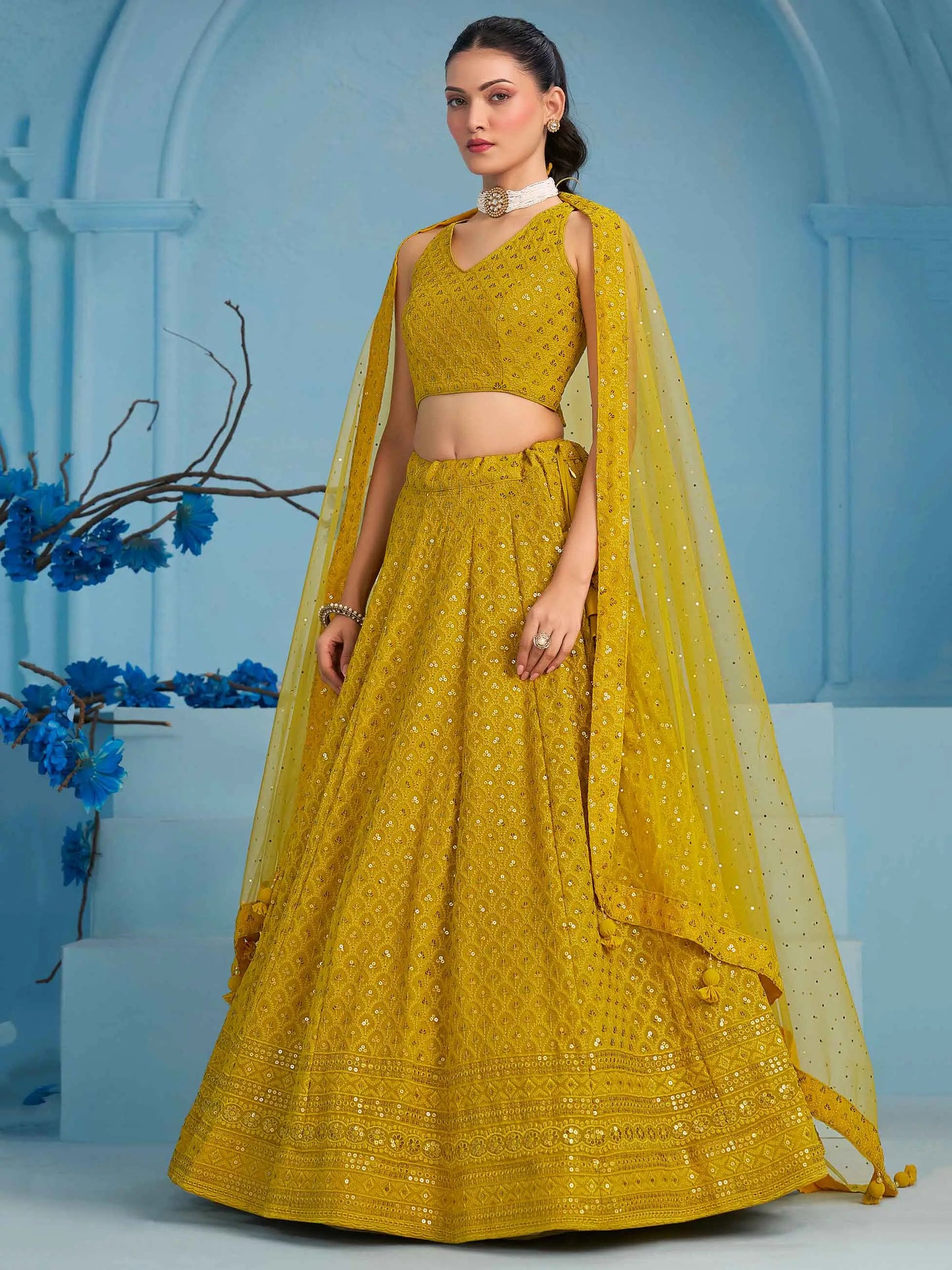 Yellow Beautiful Lehenga With Sequins Embroidery Work And Dupatta