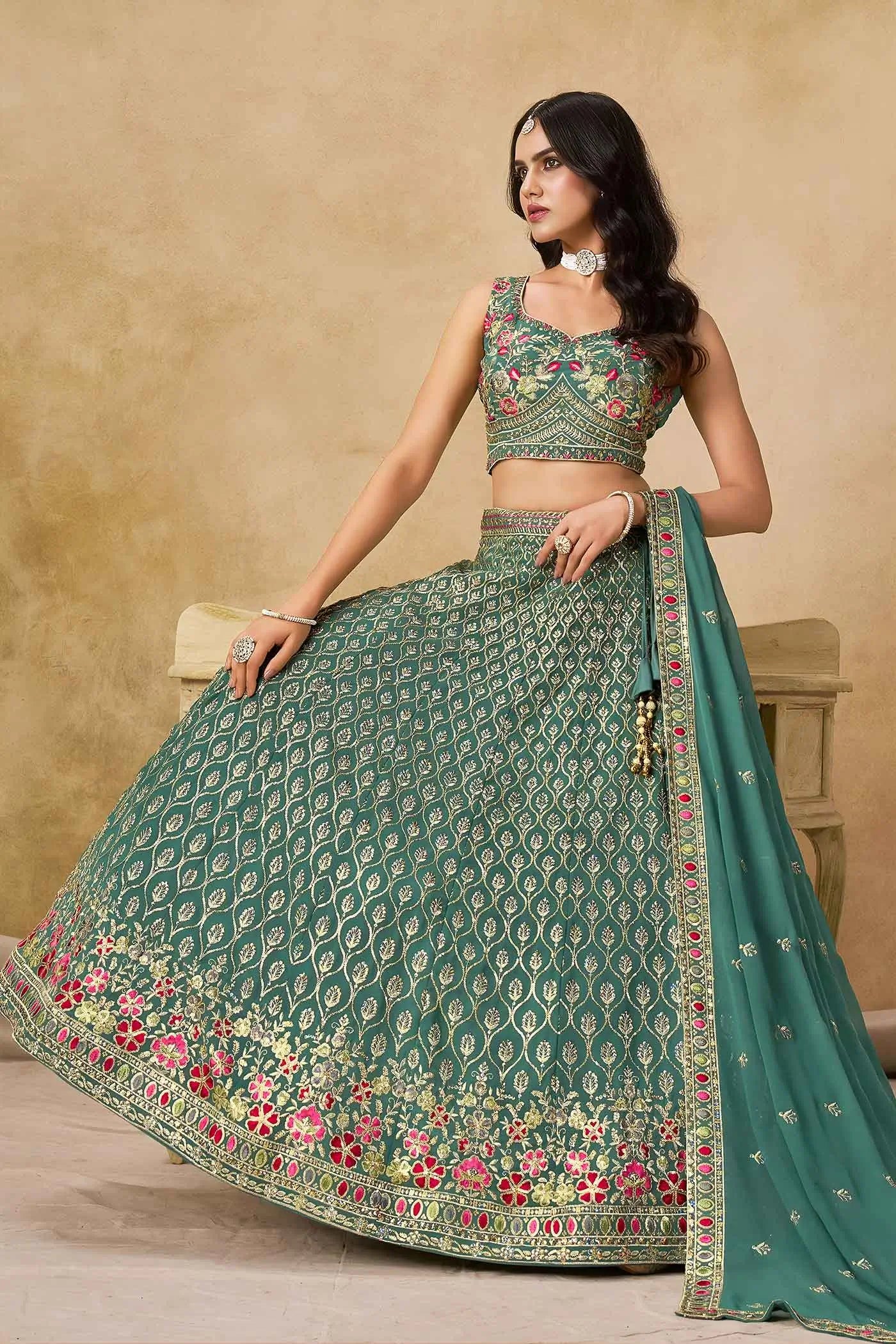 Beetle Green Sequins Embroidery Work Lehenga Choli