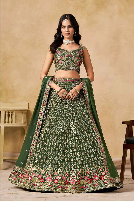 Dark Green Sequins Embroidery Work Lehenga Choli