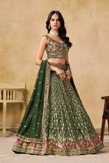 Dark Green Sequins Embroidery Work Lehenga Choli