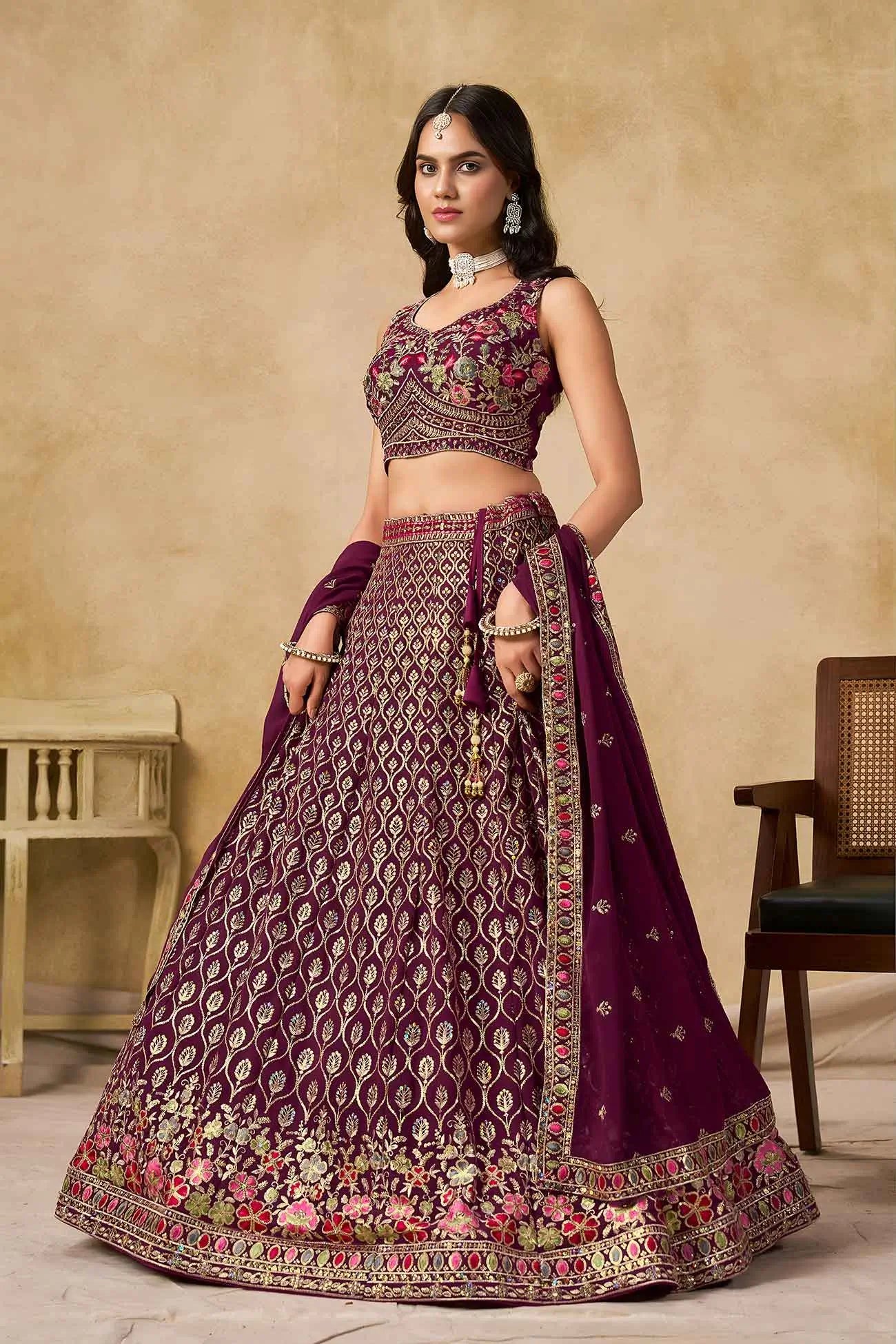 Maroon Sequins Embroidery Work Lehenga Choli