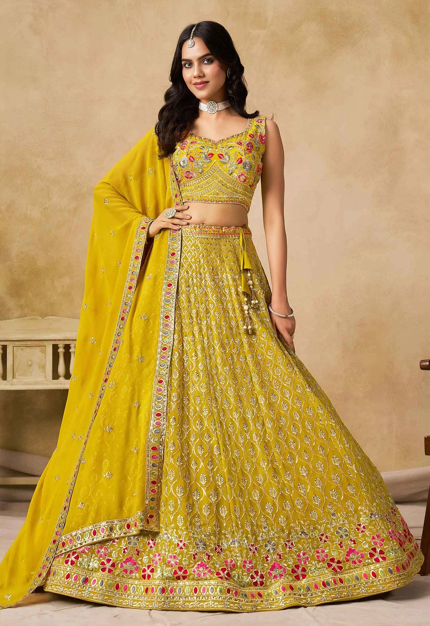 Yellow Sequins Embroidery Work Lehenga Choli