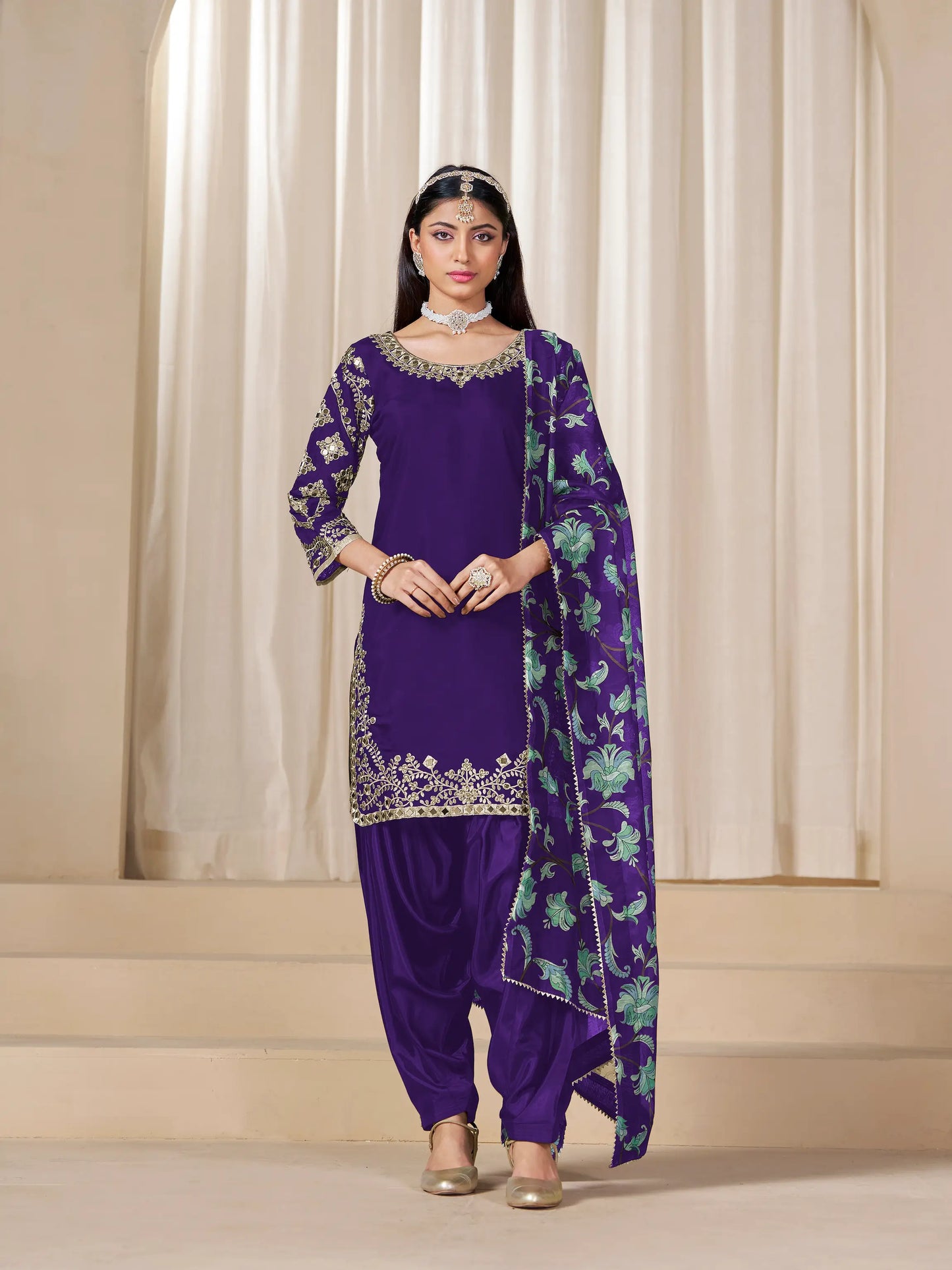 Purple Roman Silk Embroidery Work Salwar Suit