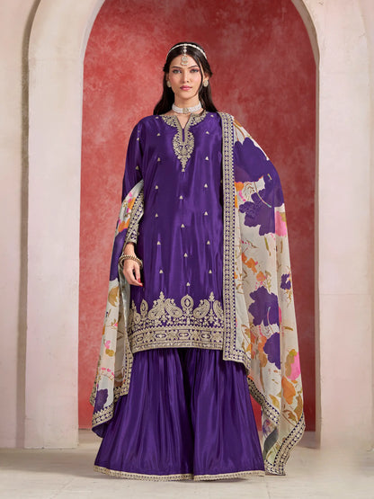 Purple Chinon Embroidery Salwar suit With Organza Dupatta