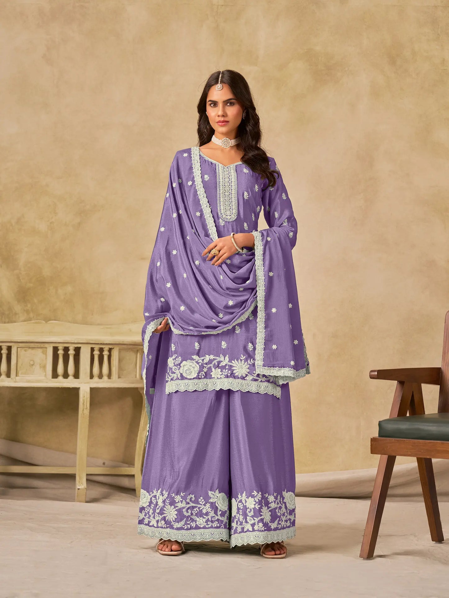Lavender Chinon Embroidery Work Palazzo Suit