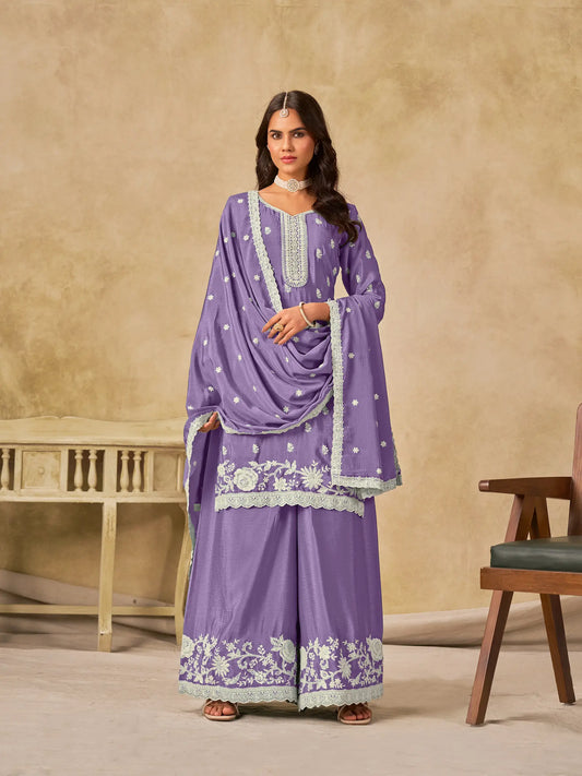 Lavender Chinon Embroidery Work Palazzo Suit
