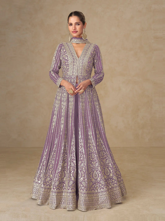 Dusty Purple Chinon Embroidery Gown