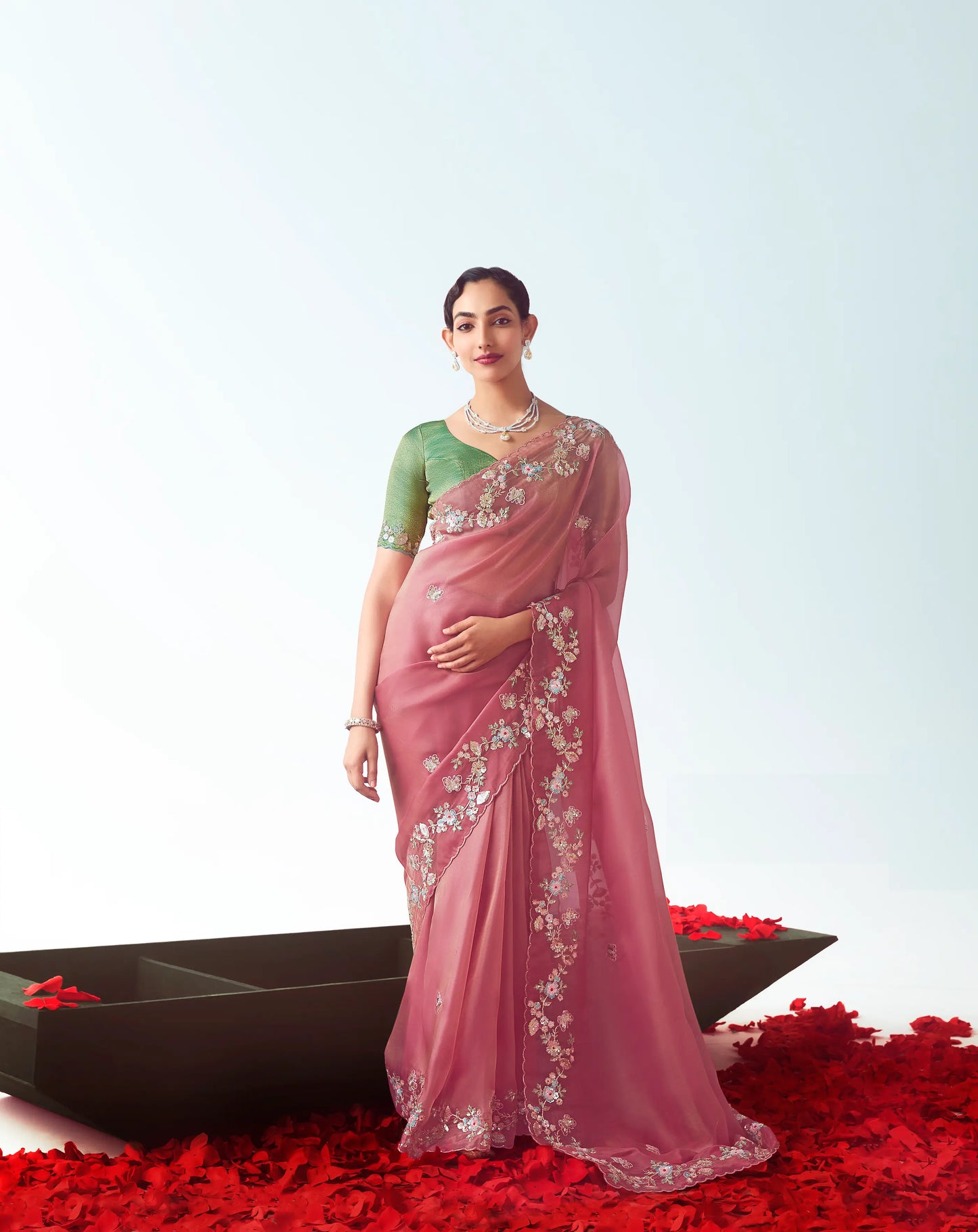 Dusty Pink Party Wear Saree With Embroidery & Hand Work