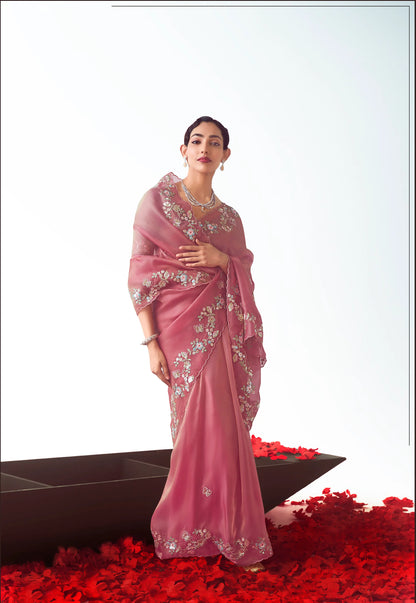 Dusty Pink Party Wear Saree With Embroidery & Hand Work