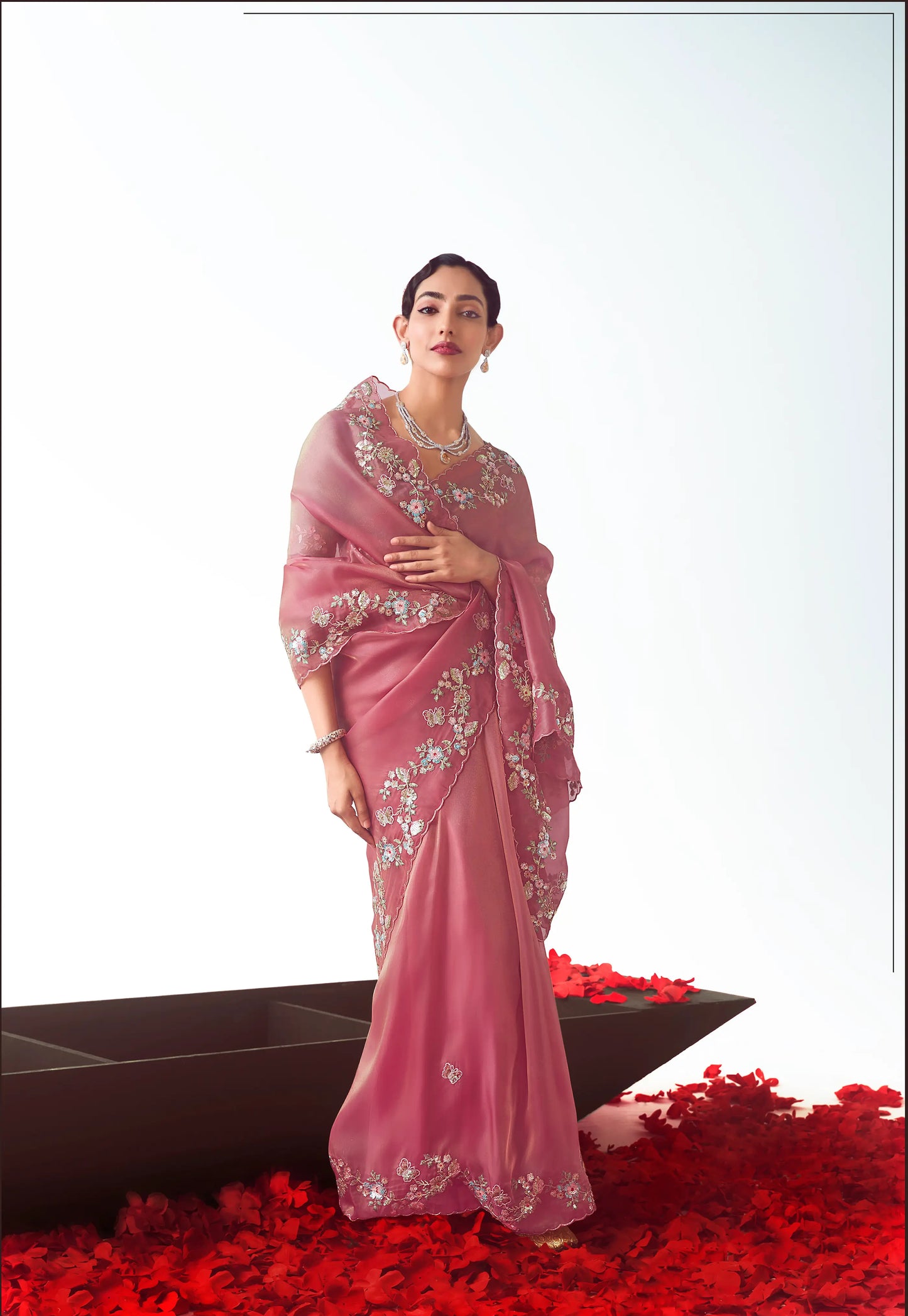 Dusty Pink Party Wear Saree With Embroidery & Hand Work