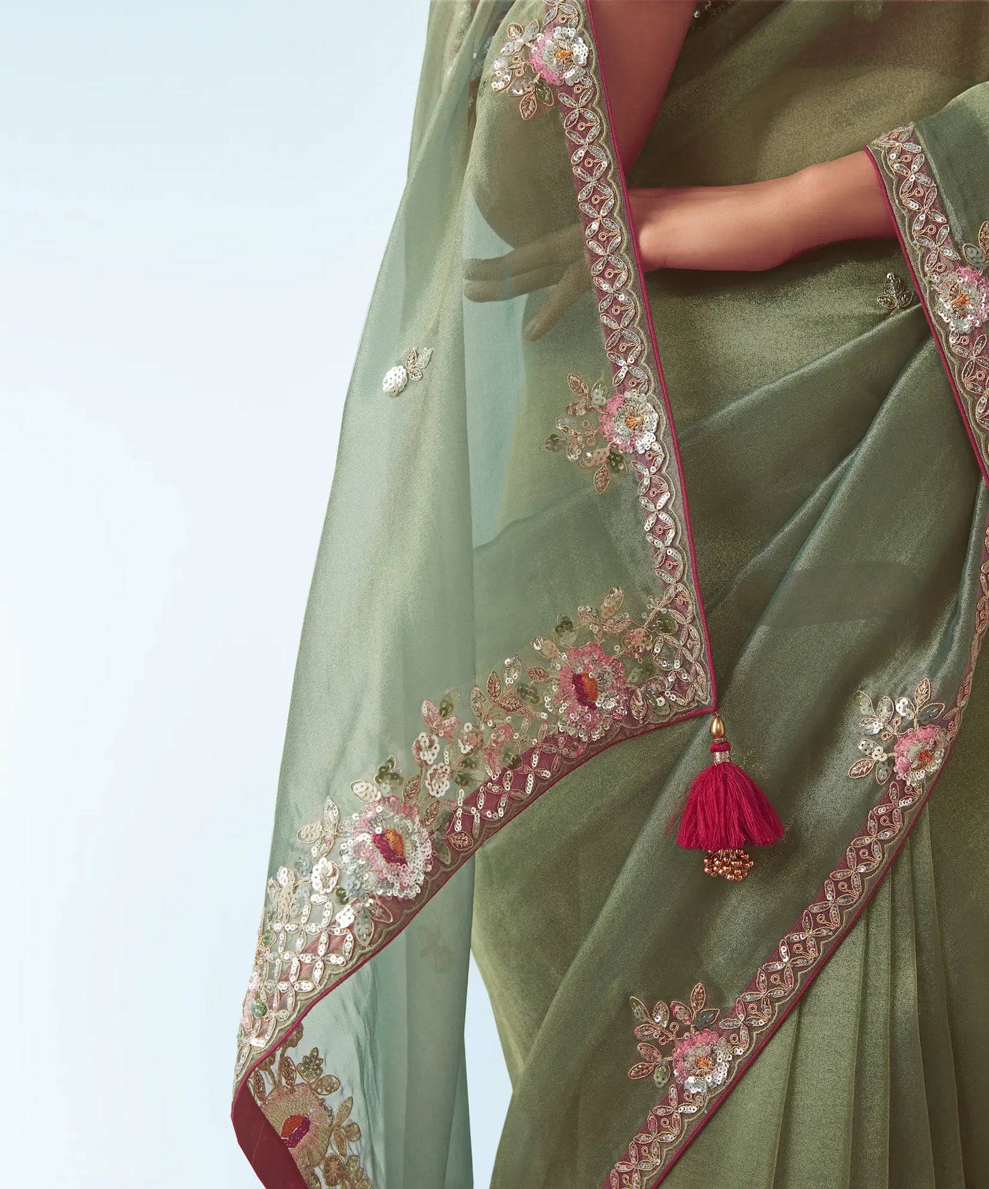 Smoky Green Party Wear Saree With Embroidery & Hand Work