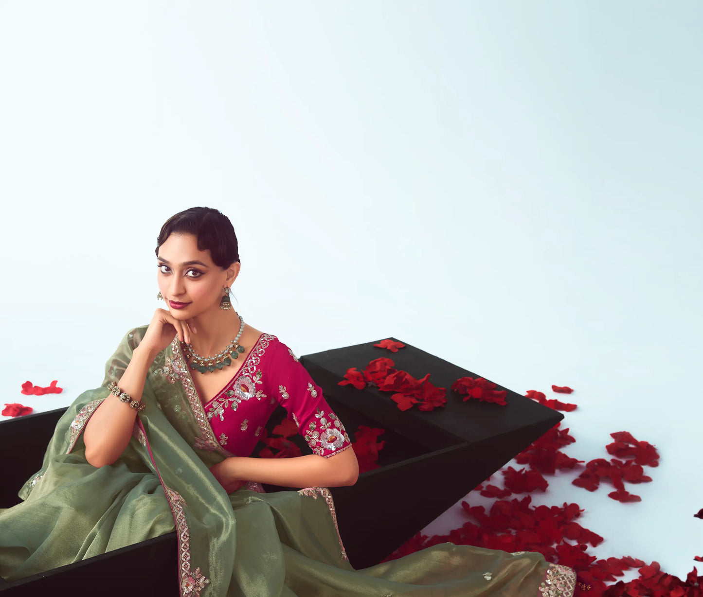 Smoky Green Party Wear Saree With Embroidery & Hand Work