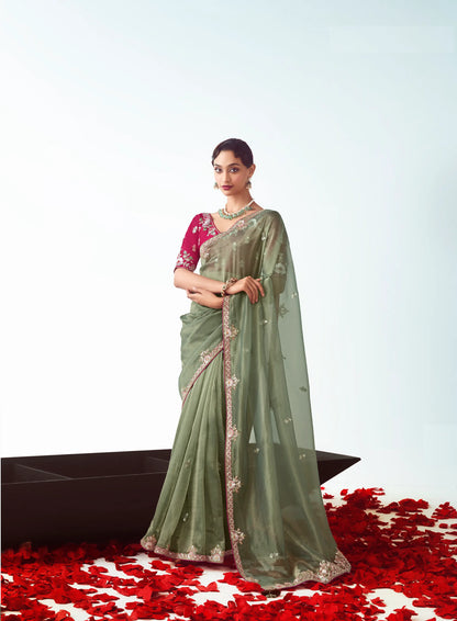 Smoky Green Party Wear Saree With Embroidery & Hand Work