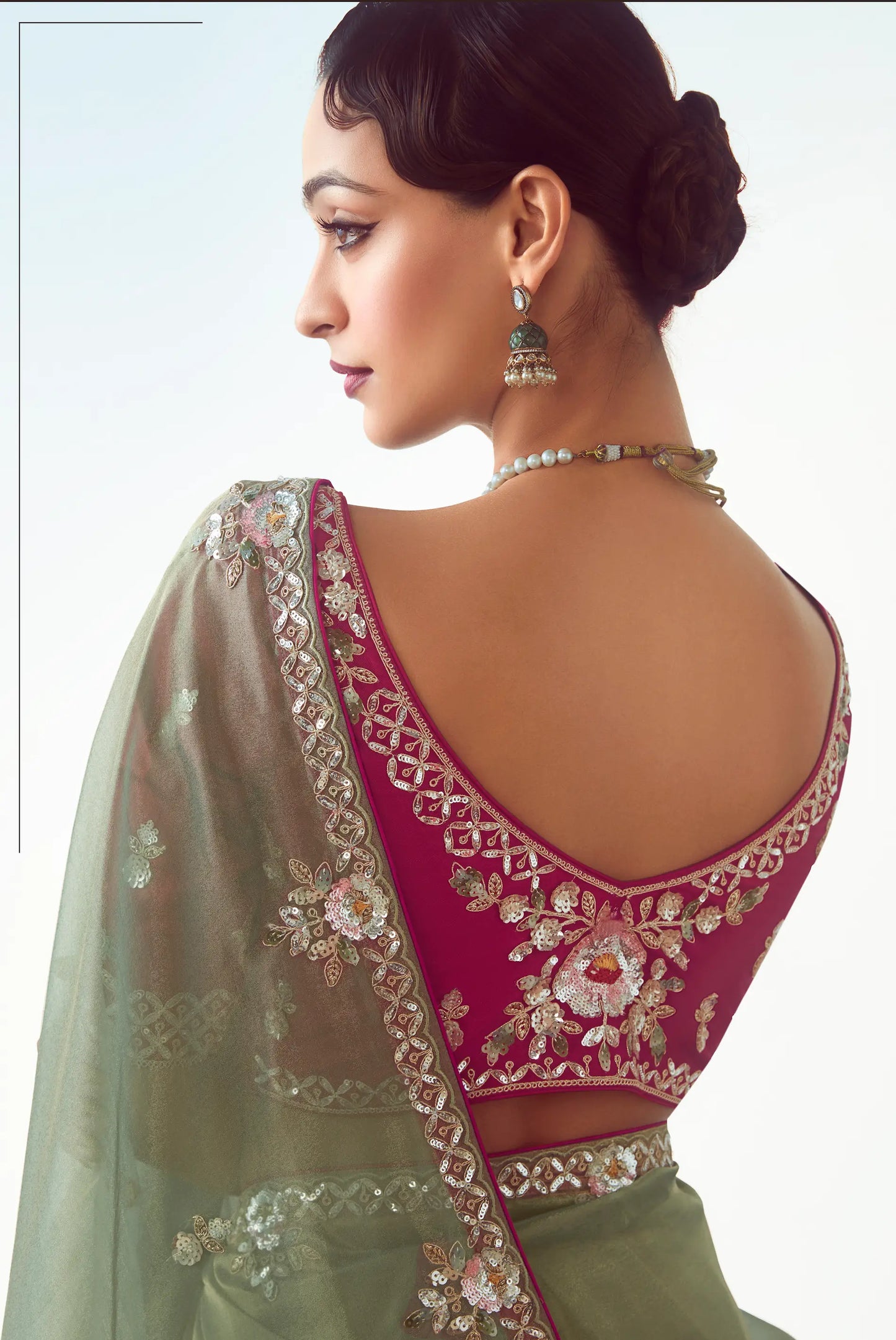 Smoky Green Party Wear Saree With Embroidery & Hand Work