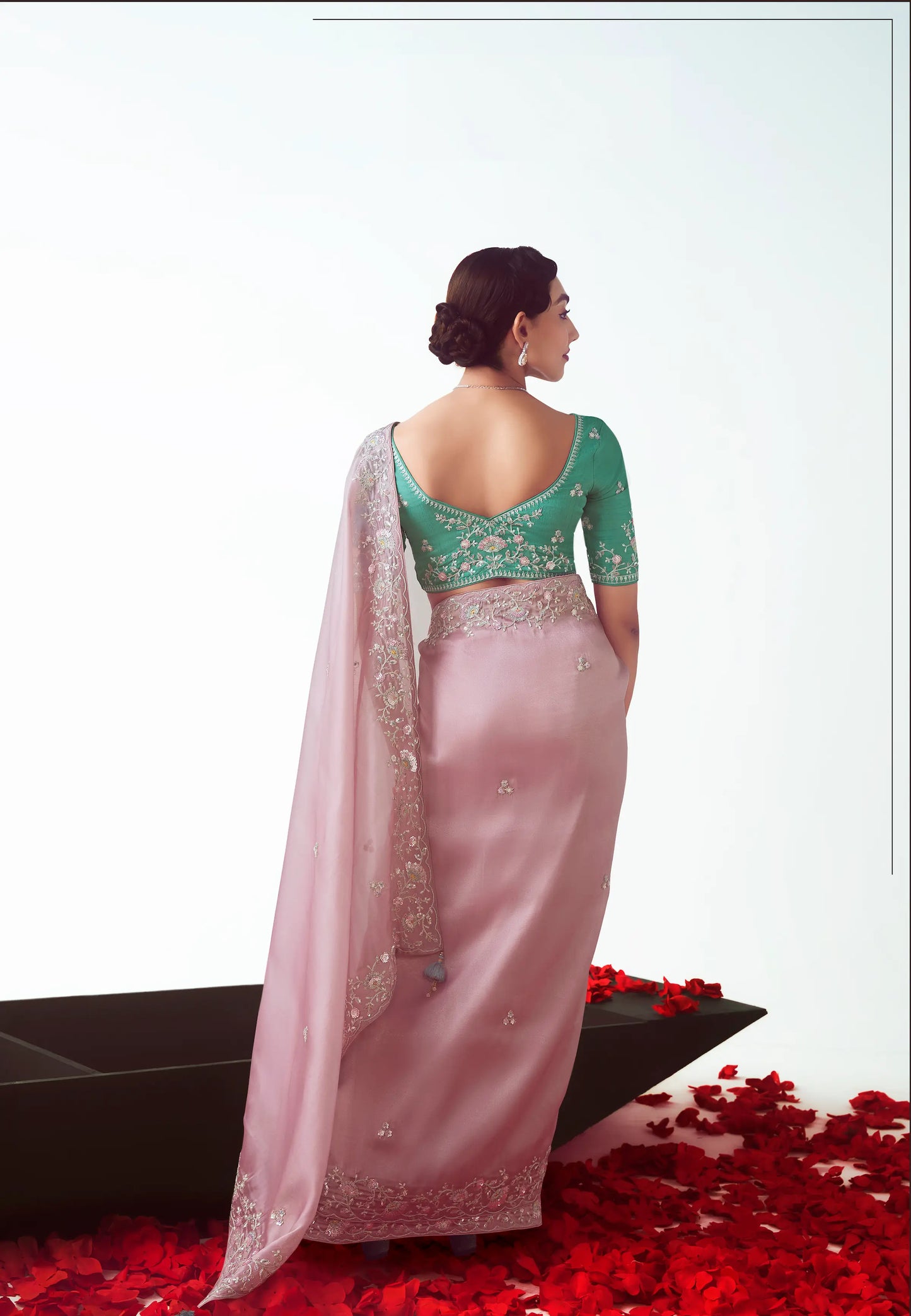 Blossom Pink Party Wear Saree With Embroidery & Hand Work