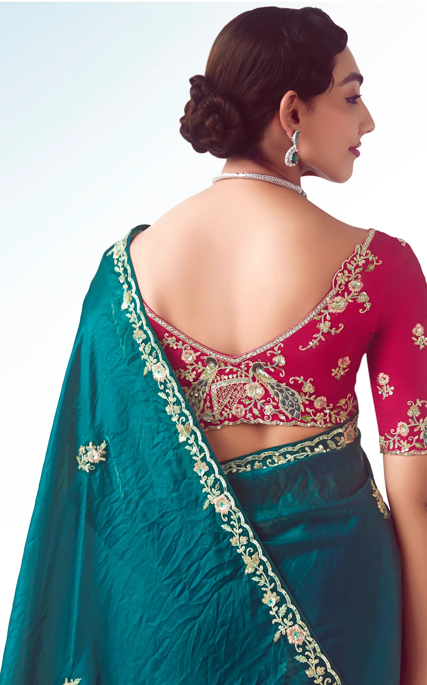 Peacock Blue Party Wear Saree With Embroidery & Hand Work