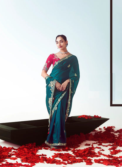 Peacock Blue Party Wear Saree With Embroidery & Hand Work