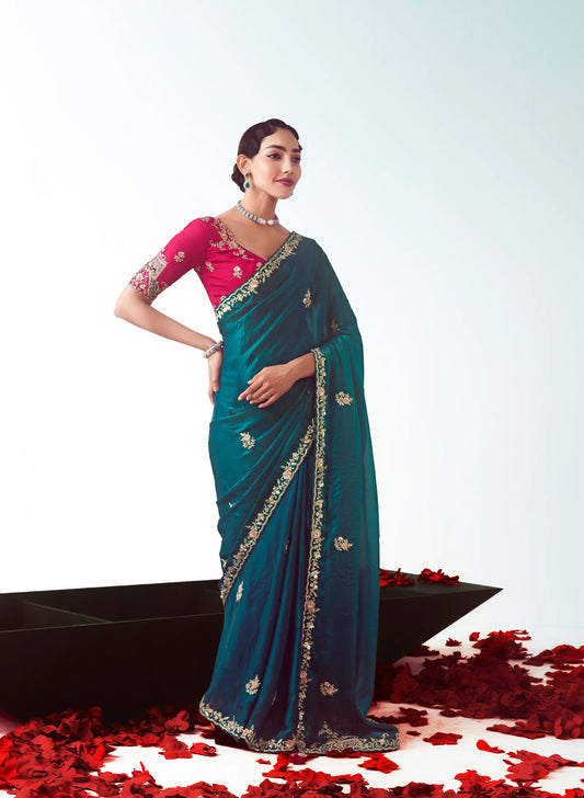 Peacock Blue Party Wear Saree With Embroidery & Hand Work