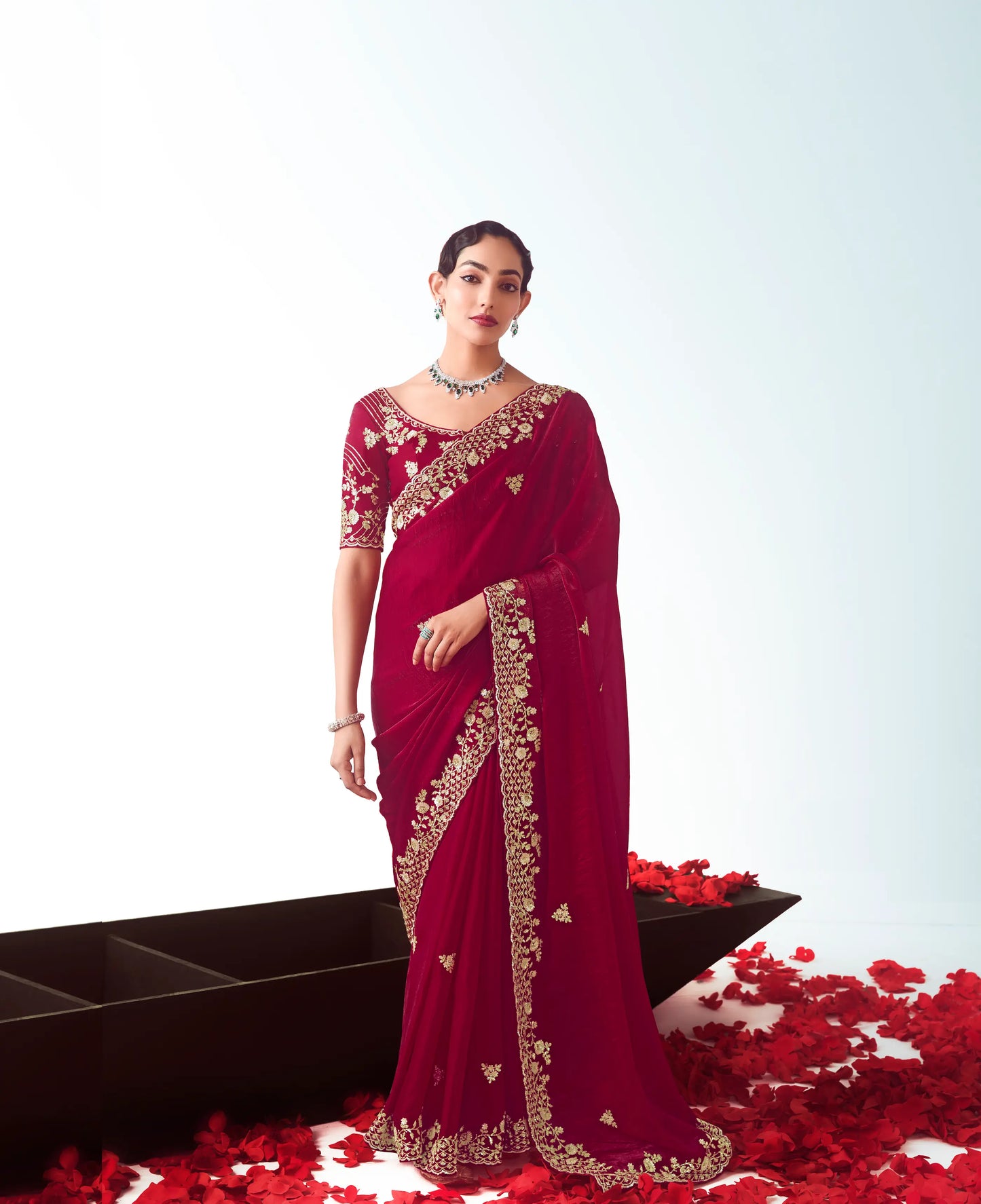 Paprika Red Party Wear Saree With Embroidery & Hand Work