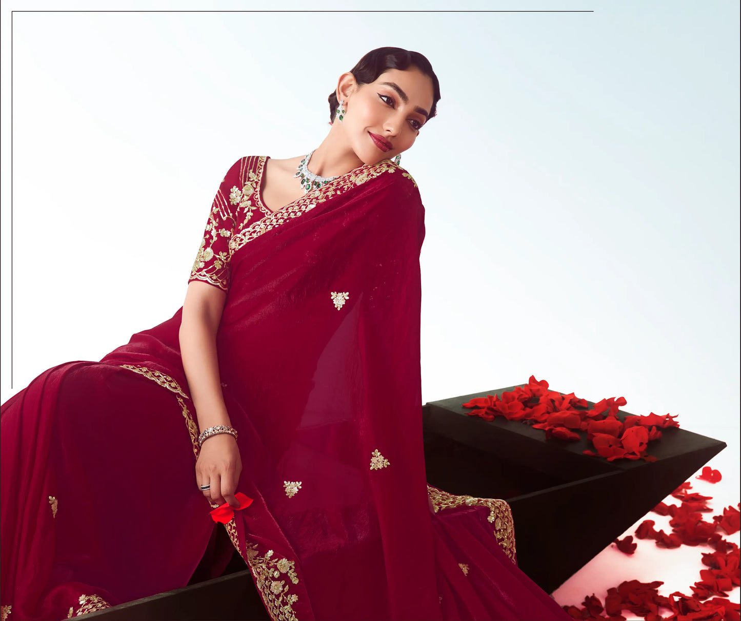 Paprika Red Party Wear Saree With Embroidery & Hand Work