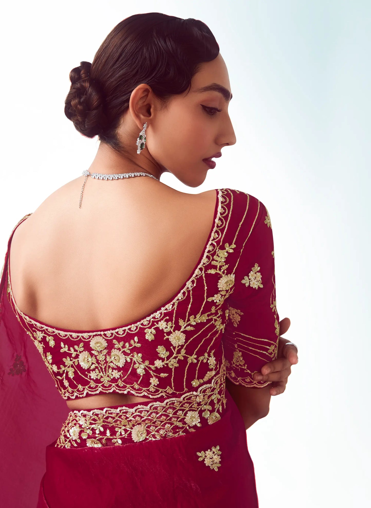 Paprika Red Party Wear Saree With Embroidery & Hand Work