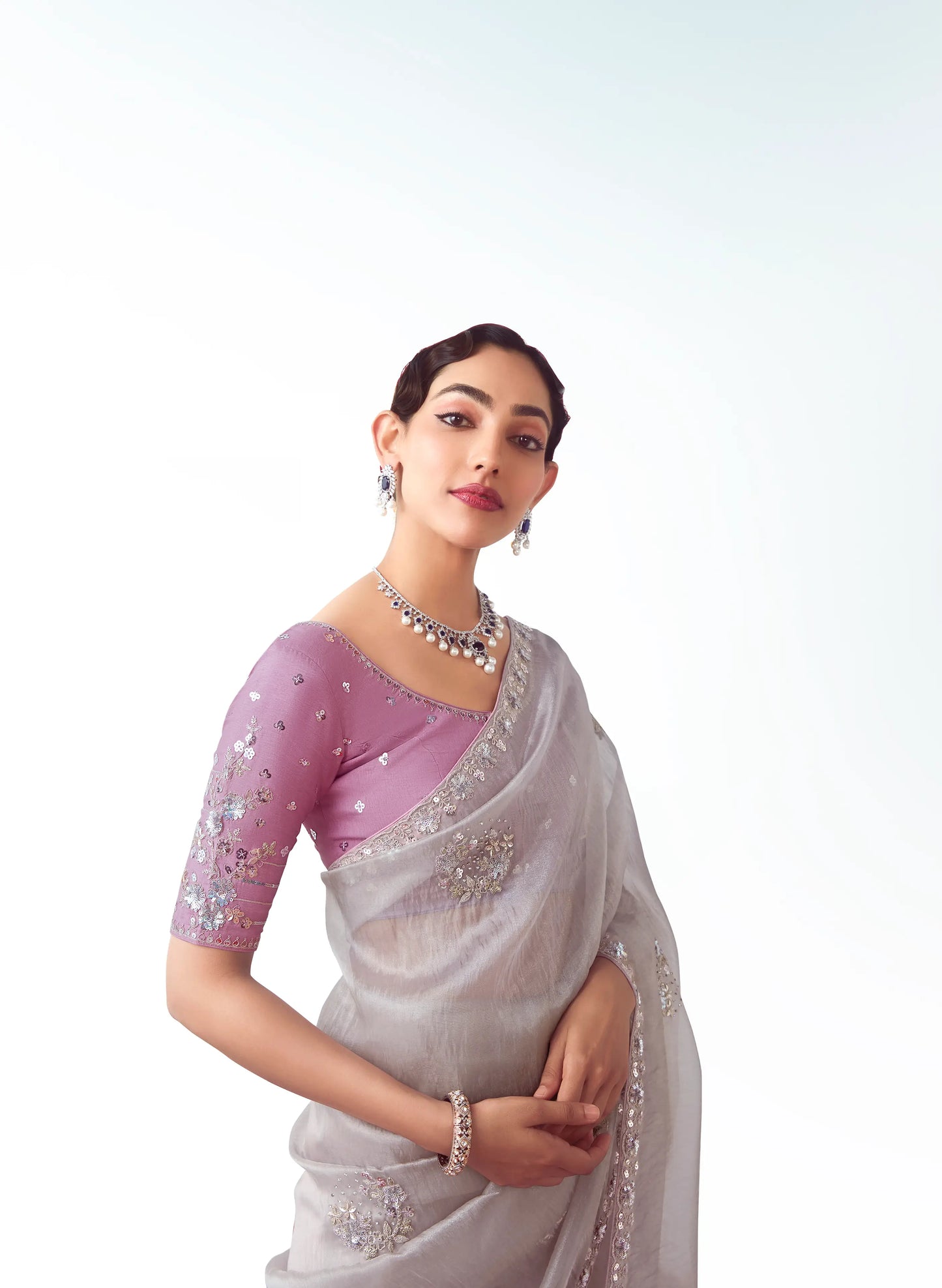 Silver Grey Party Wear Saree With Embroidery & Hand Work