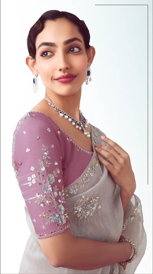 Silver Grey Party Wear Saree With Embroidery & Hand Work