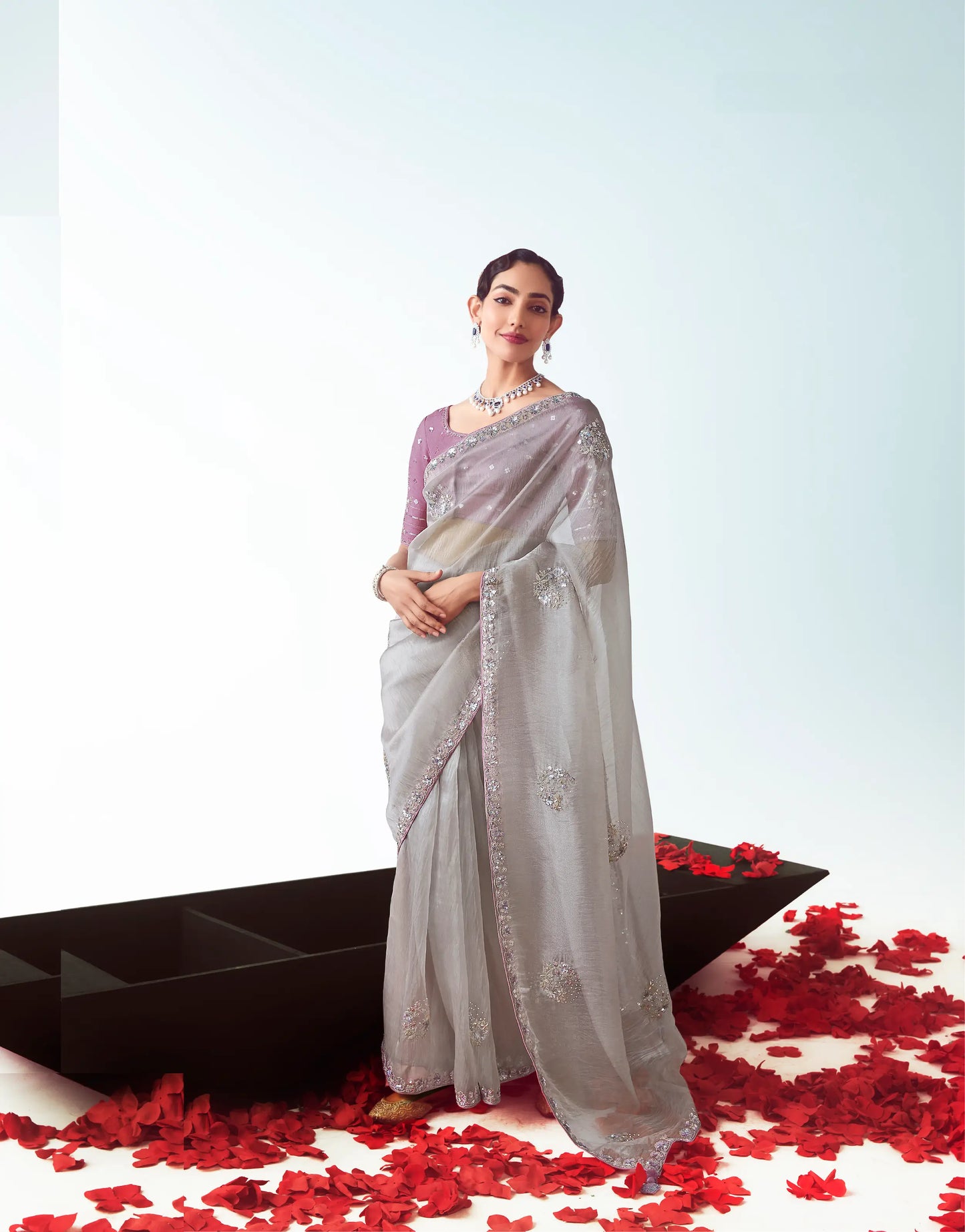 Silver Grey Party Wear Saree With Embroidery & Hand Work
