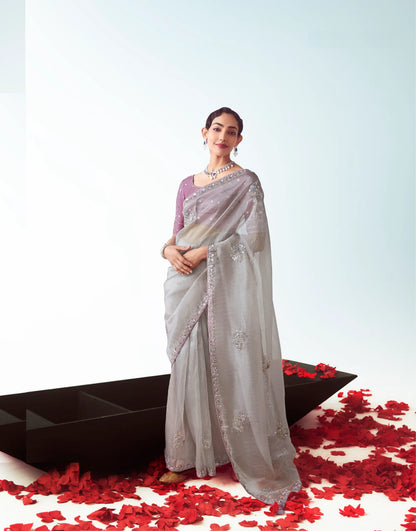 Silver Grey Party Wear Saree With Embroidery & Hand Work