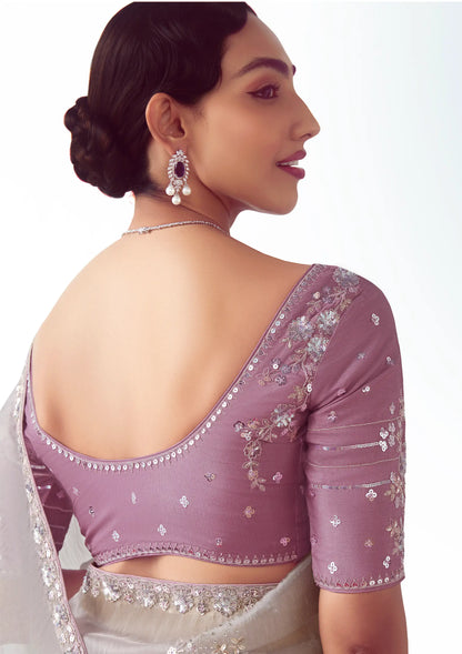 Silver Grey Party Wear Saree With Embroidery & Hand Work