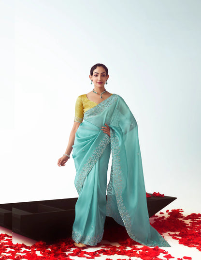 Cyan Blue Party Wear Saree With Embroidery & Hand Work