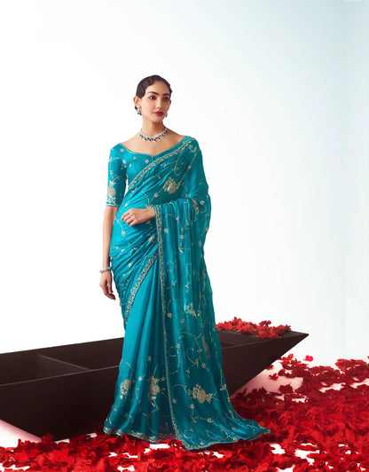 Teal Blue Party Wear Saree With Embroidery & Hand Work