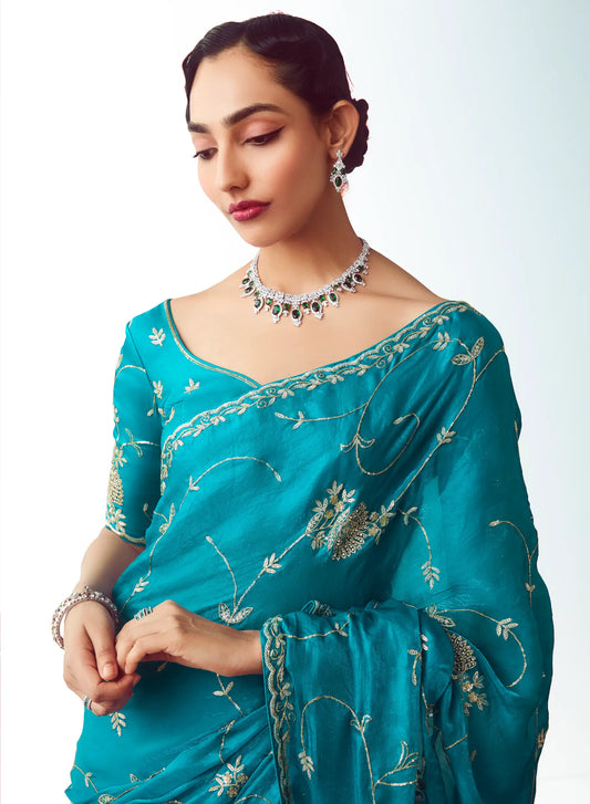 Teal Blue Party Wear Saree With Embroidery & Hand Work
