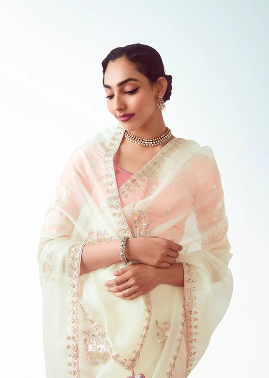 Pearl White Party Wear Saree With Embroidery & Hand Work